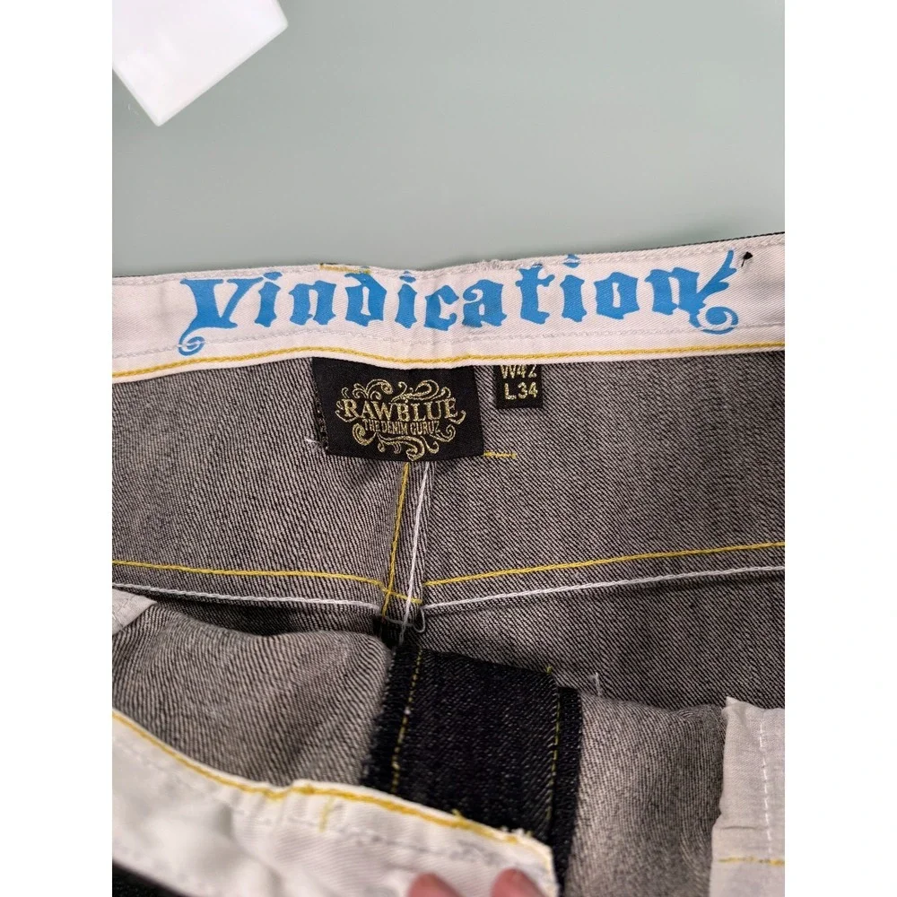 VTG Y2k Raw Blue Jeans Men 42x34 Black Denim Embroidered Embellish Skull Baggy‎